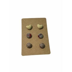 Fabric Covered Button Earring‎ Stud Set Plaid Brown
